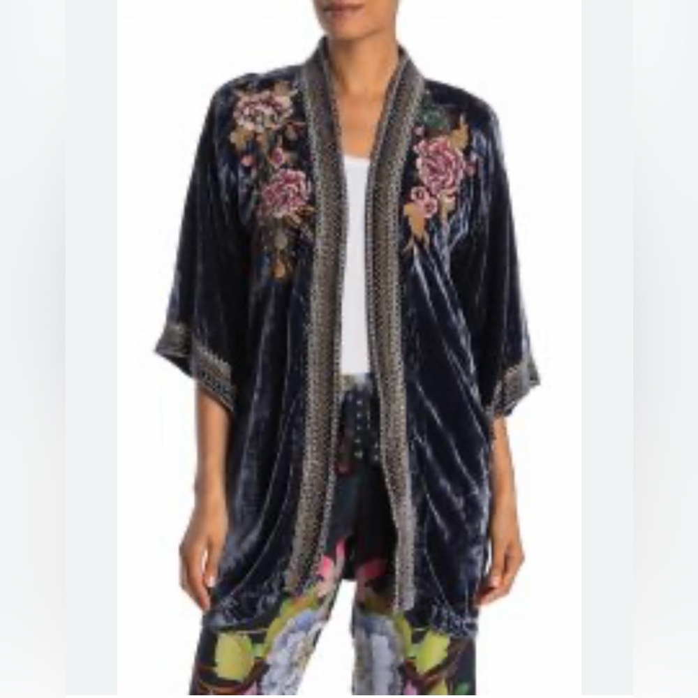 Johnny Was Navy Velvet Embroidered Kimono